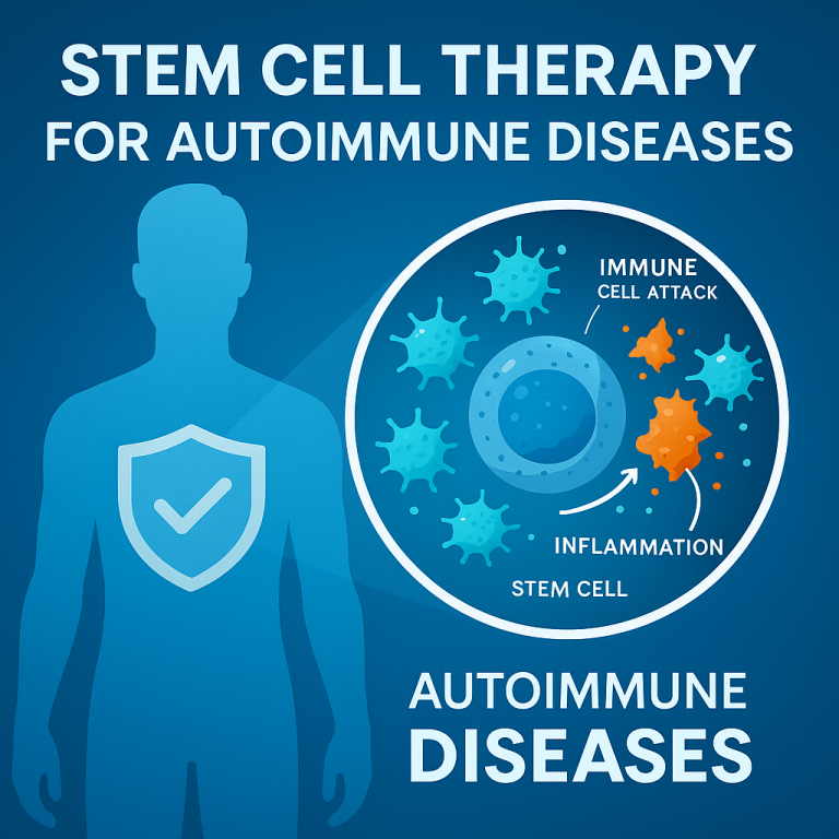 Illustration of human immune system with stem cell therapy targeting inflammation in autoimmune diseases