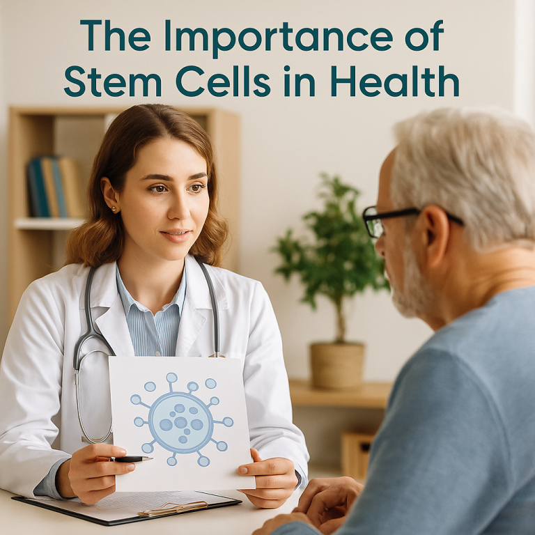 Doctor explaining stem cell therapy to patient at a regenerative clinic
