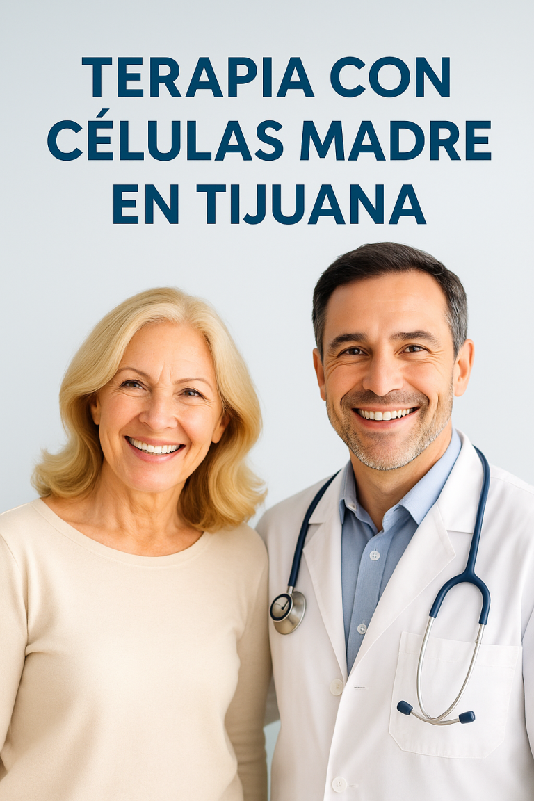 Mujer sonriente junto a médico con bata y estetoscopio; texto “Terapia con Células Madre en Tijuana