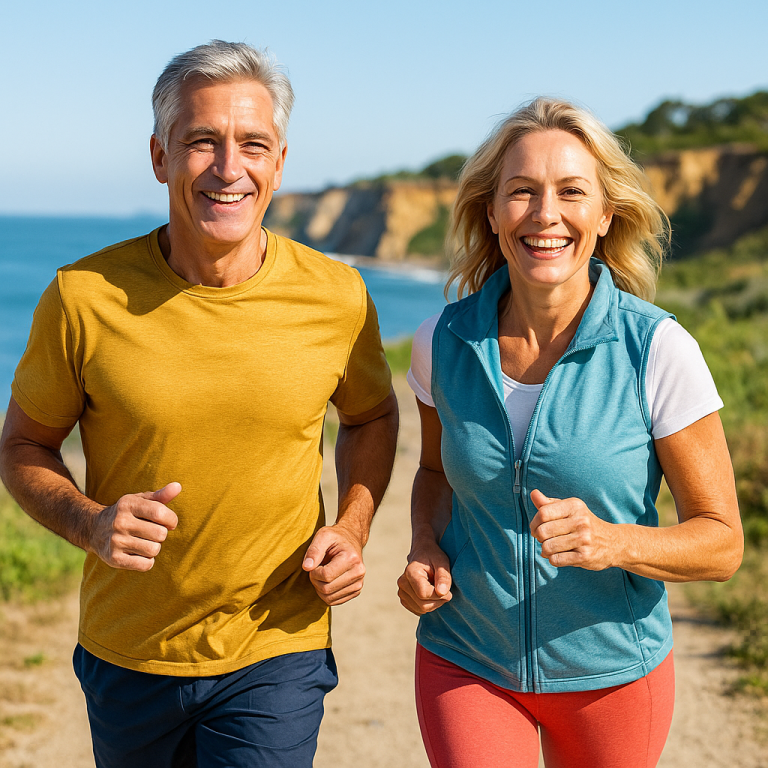 Middle-aged couple jogging by the ocean after anti-aging stem cell therapy in Tijuana