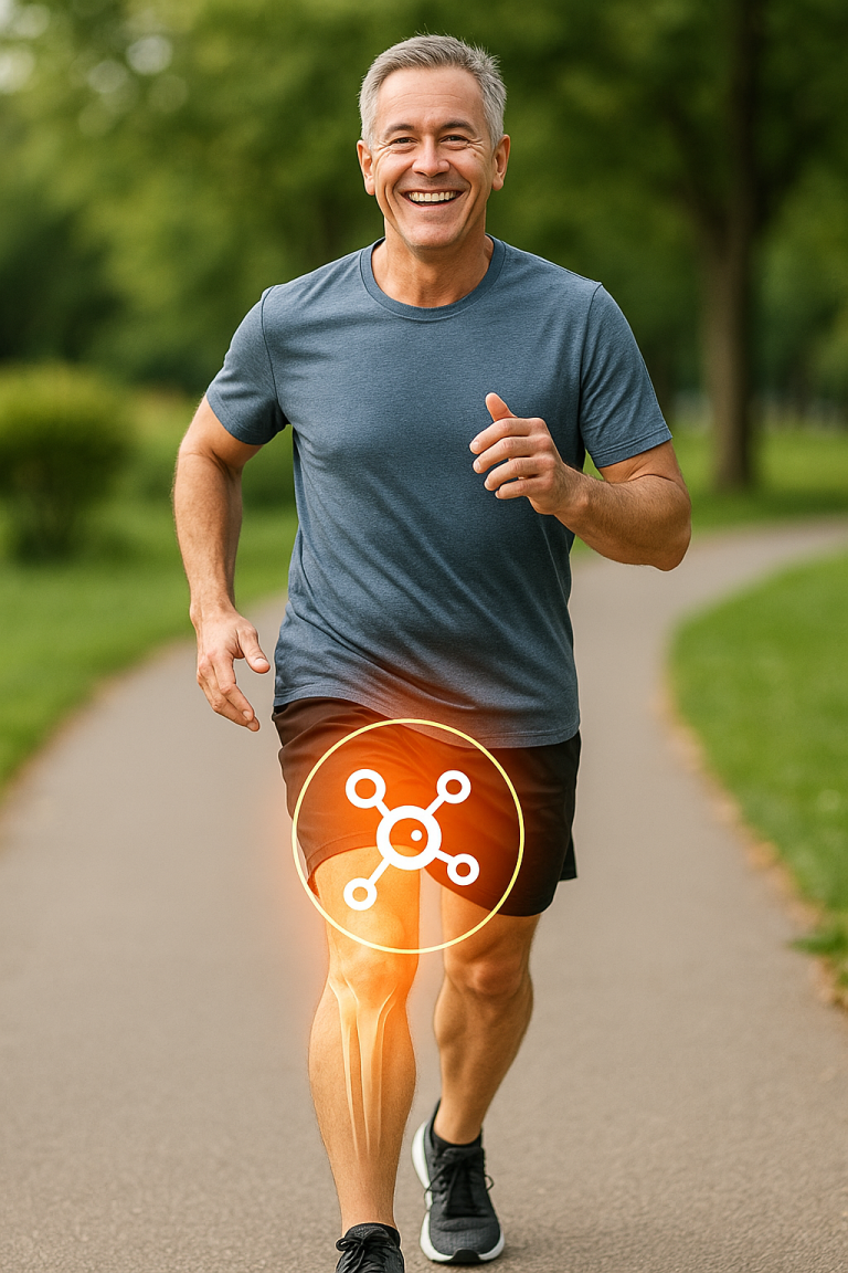 Middle-aged man jogging pain-free after stem-cell knee therapy, symbol overlay on knee