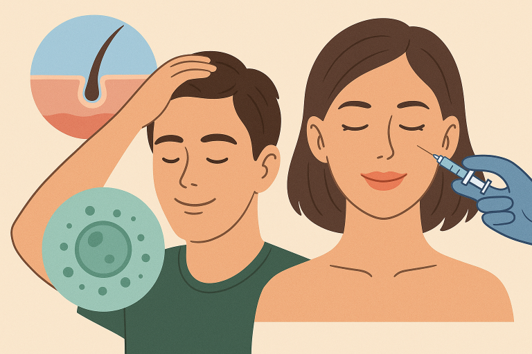 Illustration representing aesthetic stem cell treatments including hair restoration and facial rejuvenation.
