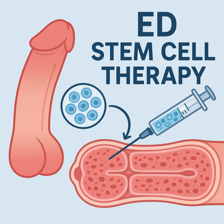 Illustration showing stem cell therapy for erectile dysfunction, including a medical syringe and penile tissue cross-section.
