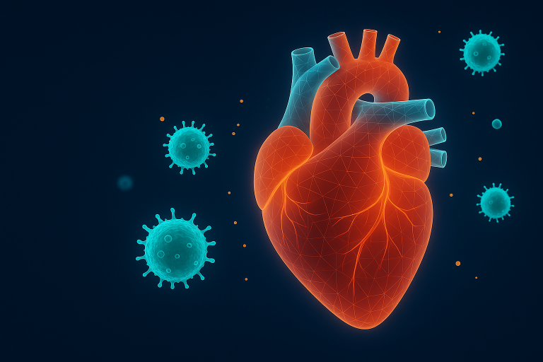 Digital illustration of a glowing human heart, red-orange, surrounded by turquoise stem-cell particles on a dark blue background
