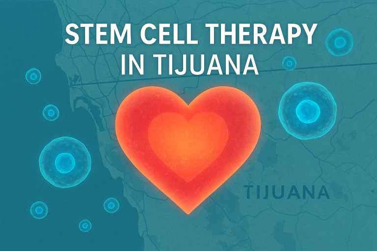 Map of Baja California with glowing heart and stem cells promoting Stem Cell Therapy in Tijuana