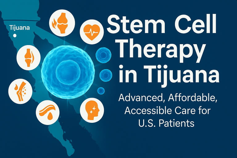 Map of Baja California with a glowing blue stem cell and icons for joint, heart, spine, brain, immune, vascular, and aesthetic treatments; headline reads “Stem Cell Therapy in Tijuana – Advanced, Affordable, Accessible Care for U.S. Patients