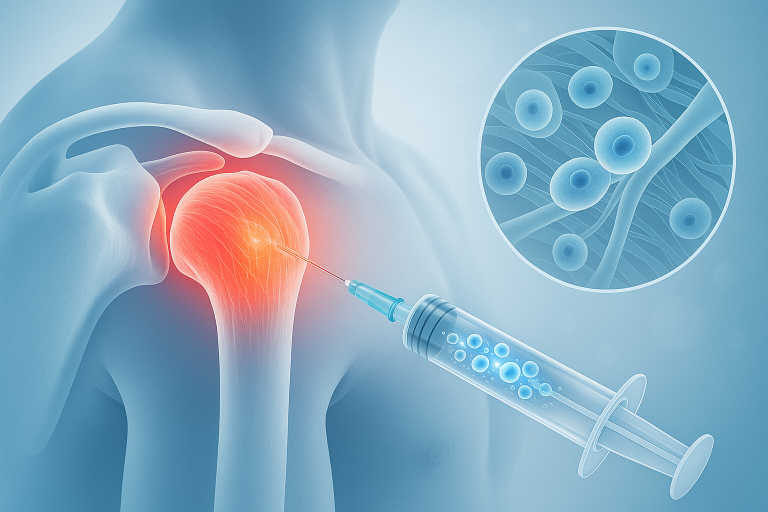 3D medical illustration of a shoulder joint receiving an ultrasound-guided stem cell injection into the rotator cuff tendon