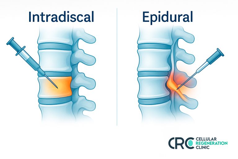 Medical illustration comparing intradiscal vs epidural stem cell injections for the lumbar spine, highlighting disc and nerve