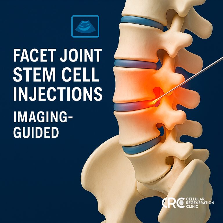 Medical illustration of imaging-guided stem cell injection targeting an inflamed lumbar facet joint