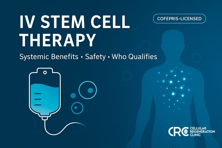Medical graphic of IV stem cell therapy showing infusion bag and human silhouette with circulating exosomes at CRC