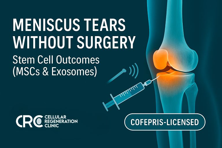 Medical illustration of a knee with a highlighted meniscus tear and syringe—stem cell therapy (MSCs & exosomes) at Cellular Regeneration Clinic