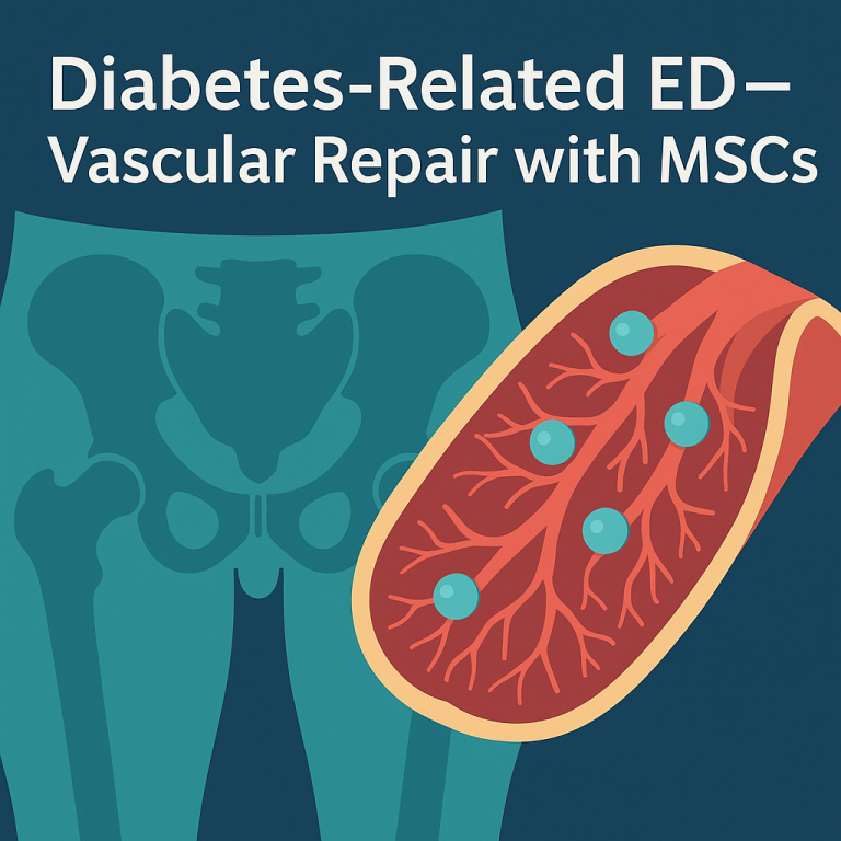 Medical illustration of stem cells for diabetic erectile dysfunction showing vascular repair and targeted penile injection at CRC
