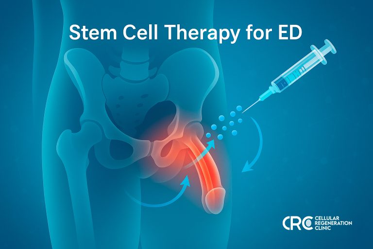 Medical illustration of stem cell therapy for erectile dysfunction showing targeted intracavernosal injection to the corpora cavernosa