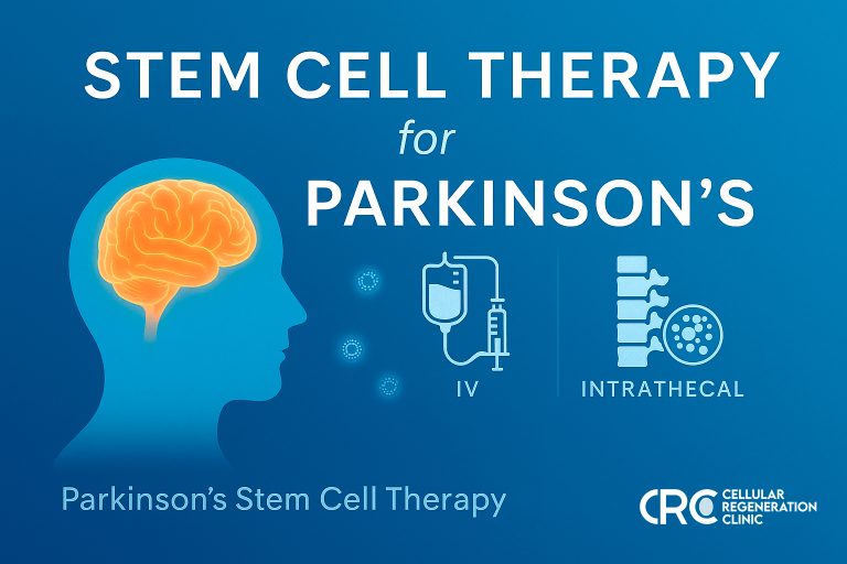 Infographic showing stem cell therapy for Parkinson’s: head silhouette with glowing brain and icons for IV and intrathecal delivery at CRC