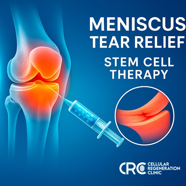 Medical illustration of knee with highlighted meniscus tear and syringe, representing stem cell therapy for meniscus tear at CRC