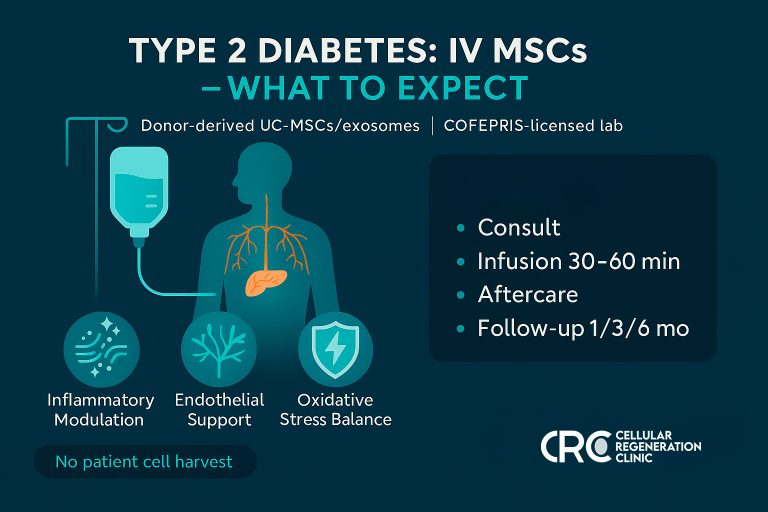 Infographic of IV stem cell therapy for type 2 diabetes showing IV bag, human silhouette, glucose icon, and anti-inflammation markers — Cellular Regeneration Clinic