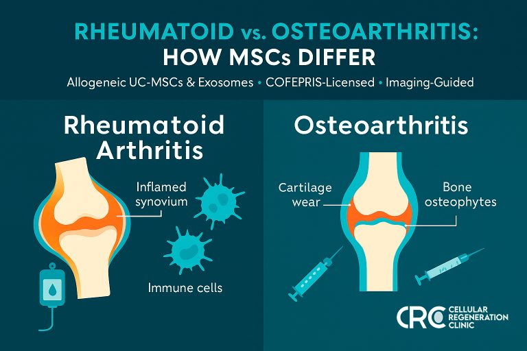 Infographic comparing rheumatoid arthritis vs osteoarthritis with icons for immune inflammation (RA) and cartilage wear (OA), showing how stem cell therapy differs at Cellular Regeneration Clinic