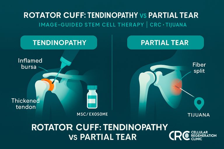Infographic comparing rotator cuff tendinopathy vs partial tear with ultrasound-guided stem cell injection at Cellular Regeneration Clinic in Tijuana