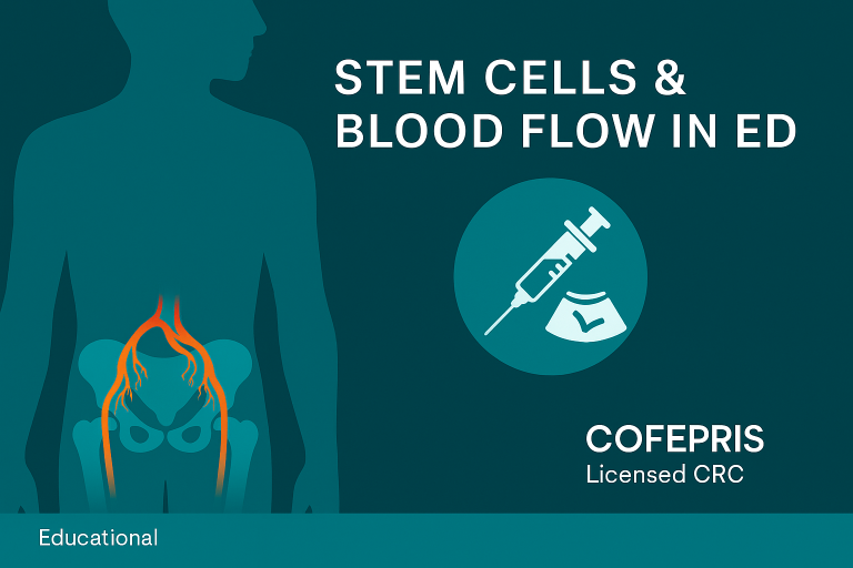 Medical infographic showing stem cells supporting penile blood flow in erectile dysfunction, with artery/corpora cavernosa icons — CRC