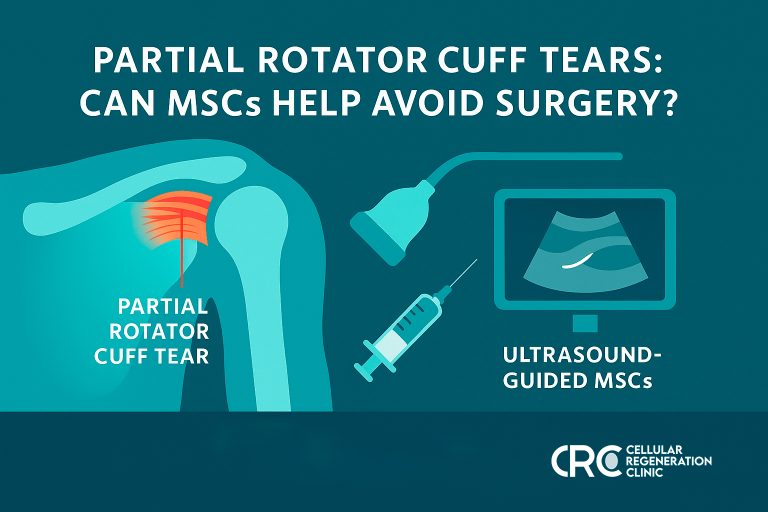 Medical infographic of a partial rotator cuff tear with ultrasound-guided stem cell injection (MSCs/exosomes) — Cellular Regeneration Clinic