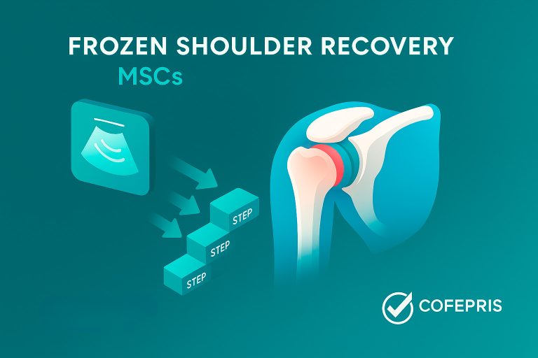 Infographic of frozen shoulder (adhesive capsulitis) with ultrasound-guided stem cell injection and rehab timeline — Cellular Regeneration Clinic