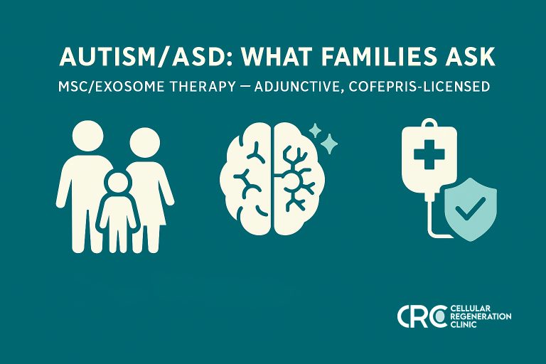 Infographic for autism/ASD showing brain, chat, IV-drip, and shield icons—MSC/exosome therapy family FAQs at Cellular Regeneration Clinic