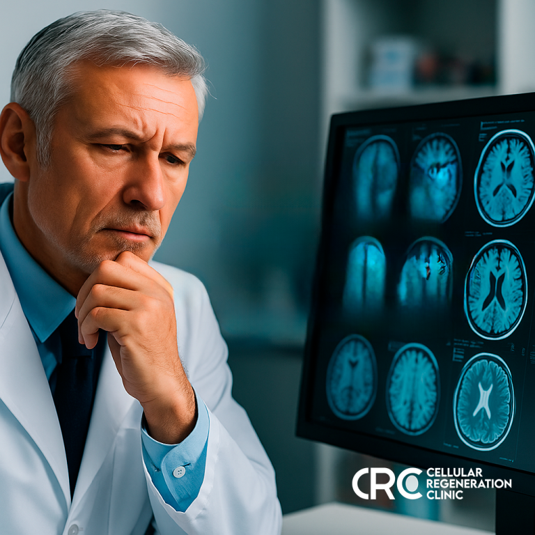 Doctor reviewing brain scans with the text “Is Stem Cell Therapy Safe for Neurological Conditions?”