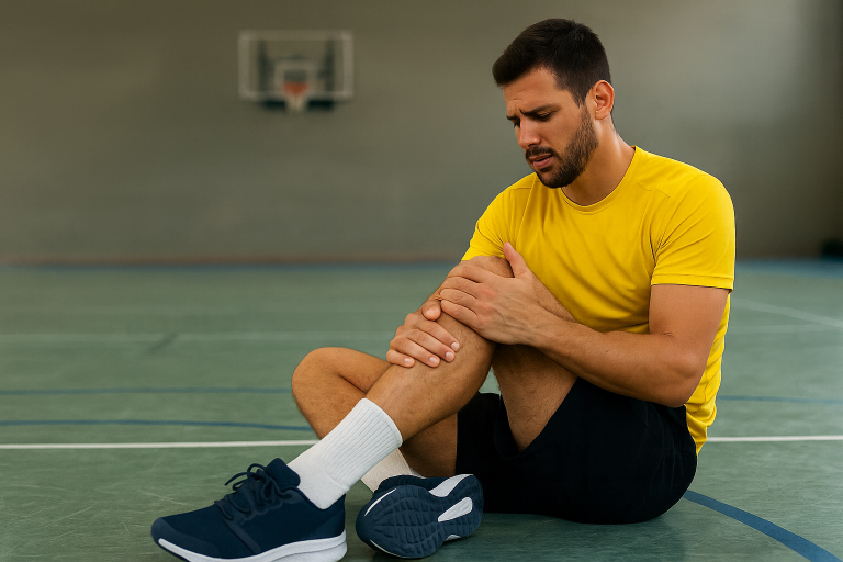 Athlete holding knee in pain on a basketball court – stem cell therapy for joint pain