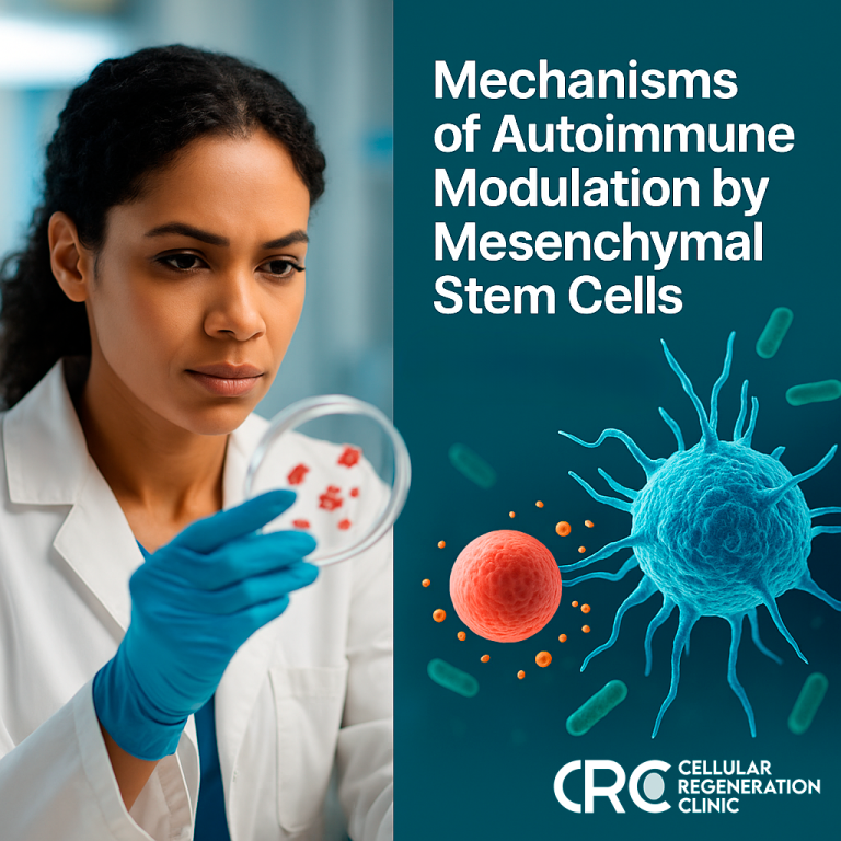 Scientist with immune cells graphic illustrating how mesenchymal stem cells regulate autoimmune activity
