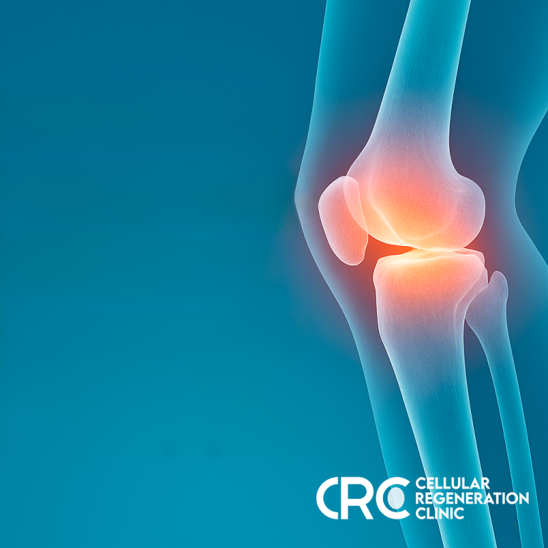 Illustration of knee joint with inflammation, representing joint stem cell therapy at Cellular Regeneration Clinic.