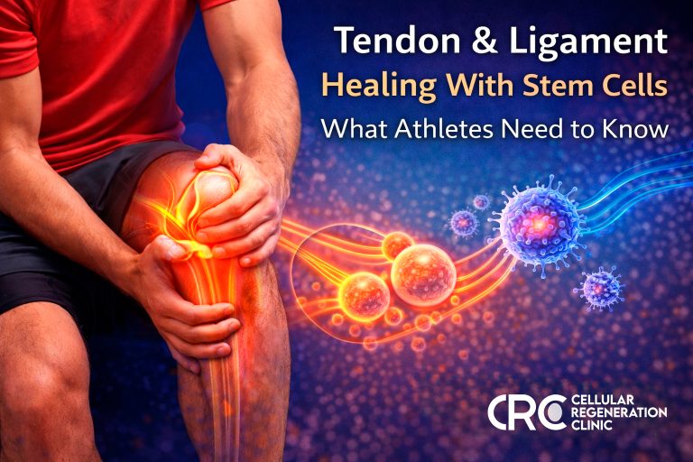 Athlete clutching knee with tendon and ligament pain, highlighted for stem cell therapy