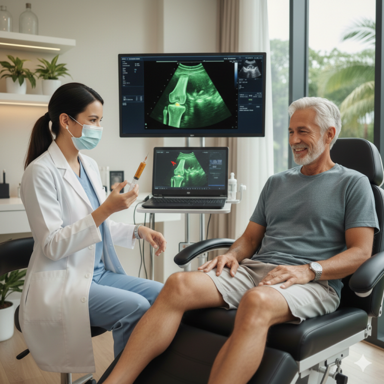 Doctor preparing a stem cell injection for a patient's knee at Cell Regen Clinic.