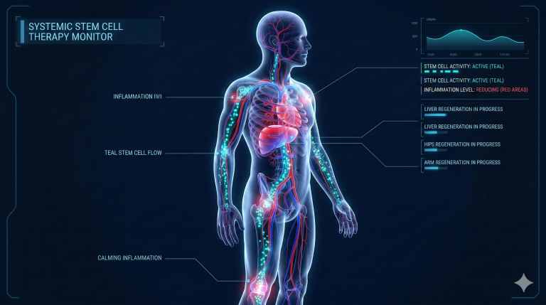 3D medical render of a translucent human silhouette showing glowing teal stem cells flowing through the bloodstream to target and calm red inflamed joints and organs.