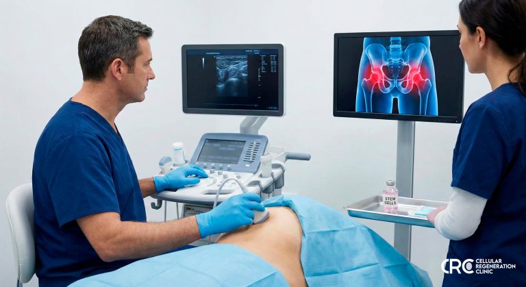 Doctor examining hip joint x-ray before stem cell therapy