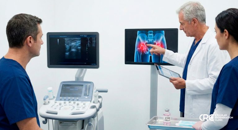 Doctor examinando radiografía de cadera antes de terapia celula
