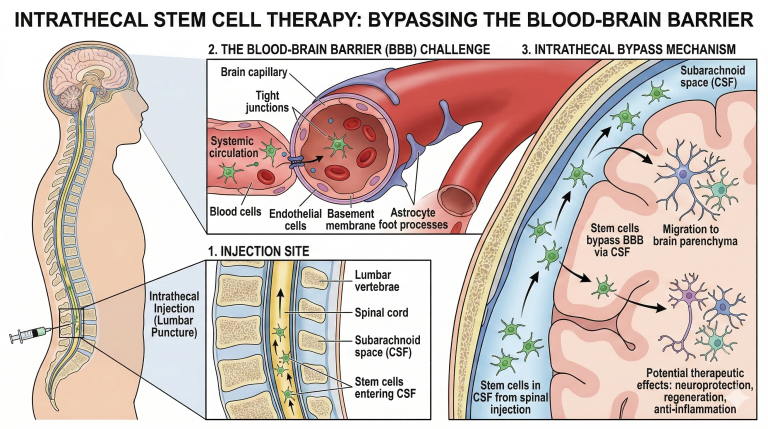 Infographic detailing how intrathecal stem cell therapy bypasses the blood-brain barrier to treat neurological conditions.
