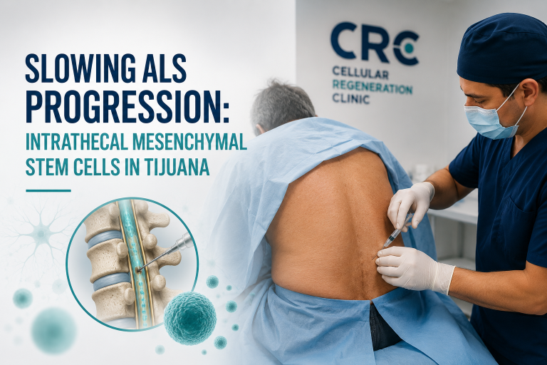 Patient receiving intrathecal mesenchymal stem cell therapy for ALS support at a regenerative medicine clinic in Tijuana.